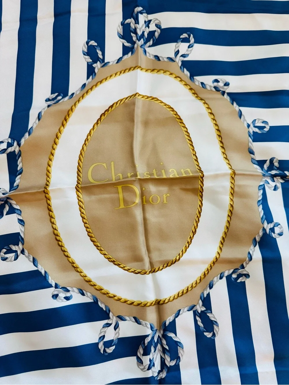 Authentic Dior Blue White and Gold Printed Silk Scarf